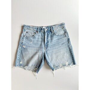 ZARA Light Wash Distressed Denim Mid Rise Bermuda Mom Shorts, Size 12/34